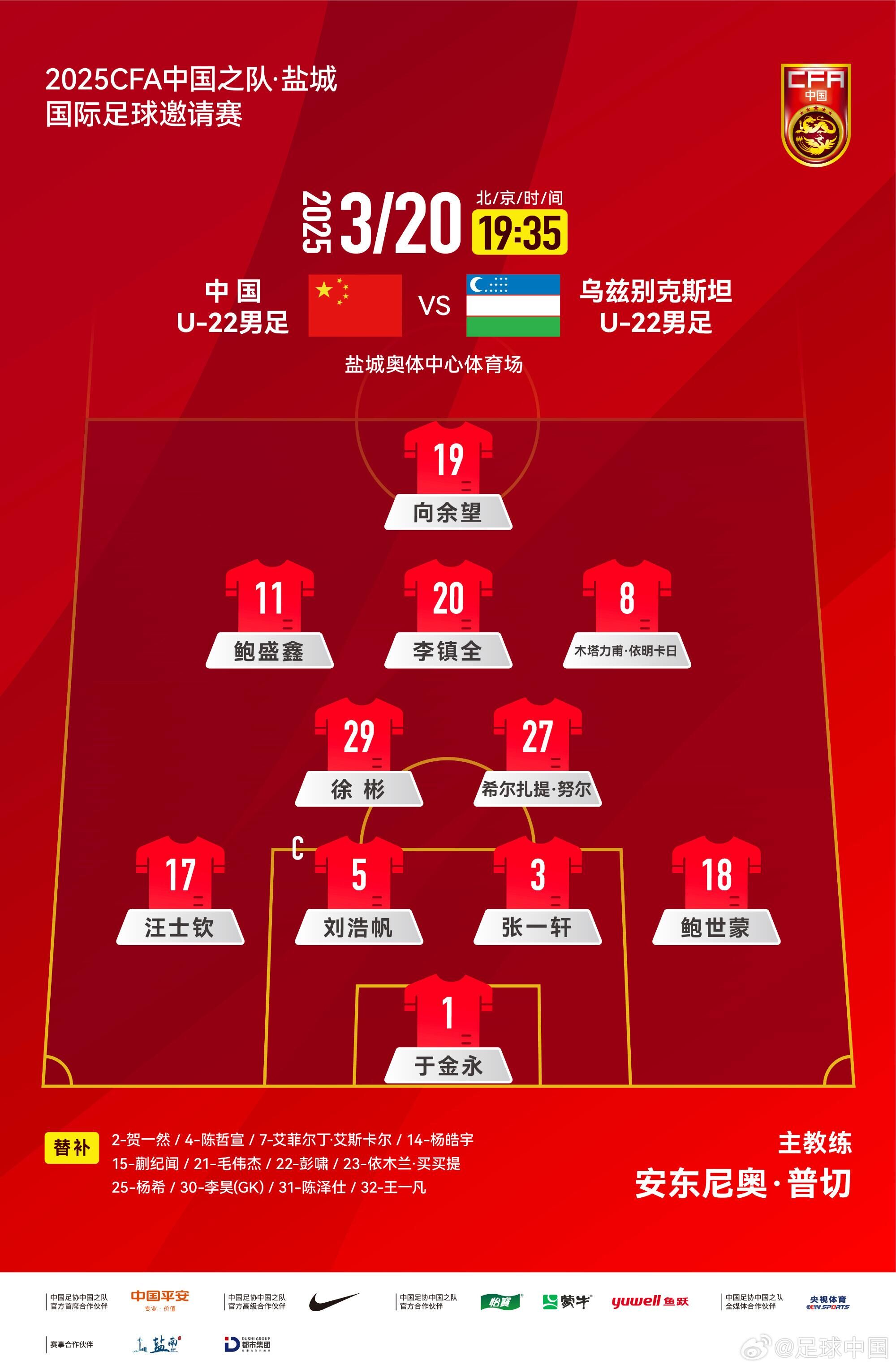 中國U-22男足VS烏茲別克斯坦U-22男足，中國隊(duì)首發(fā)名單出爐